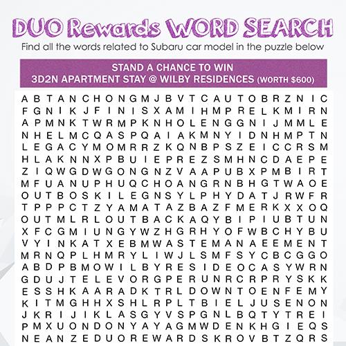 MediaCorp Subaru Car Challenge 2016 - DUO Rewards Word Search